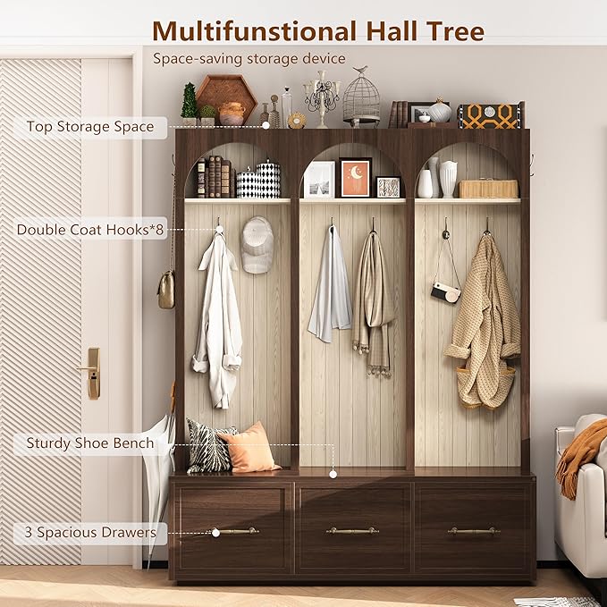 Bellemave Farmhouse Hall Tree with Bench and 3 Drawers, Entryway Bench with Coat Racks and Shoe Storage, 4 Hooks and Shelves (Walnut)