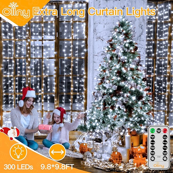 Ollny 300 LED 9.8ftx9.8ft Outdoor Waterproof Christmas Curtain Lights with Remote Timer 8 Modes, USB Powered, Cool White