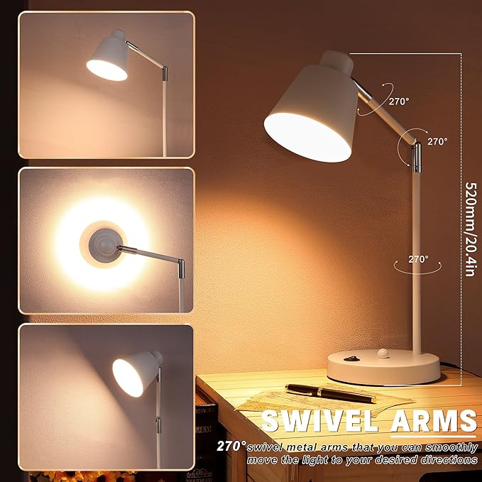 LED Desk Lamp with Dual USB Charging Ports, 100% Metal, 270° Swivel Arms, Soft White Light (3000K), Bedside Reading Lamp, Home Office Lamp(White)