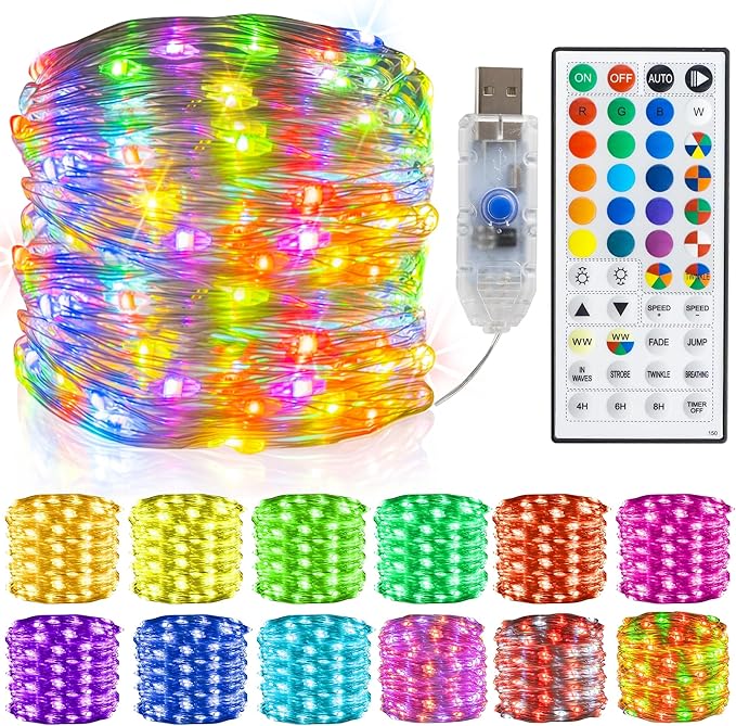 Dazzle Bright 32.8 FT RGB Copper Wire Halloween Fairy Lights, 100 LED USB String Lights with Remote & Timer, Waterproof Indoor Outdoor Decoration for Christmas, Party, Wedding