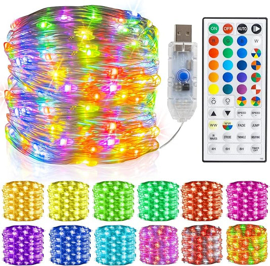 Dazzle Bright 32.8 FT RGB Copper Wire Halloween Fairy Lights, 100 LED USB String Lights with Remote & Timer, Waterproof Indoor Outdoor Decoration for Christmas, Party, Wedding