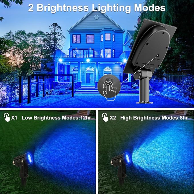 Blue Solar Spot Lights Outdoor,2 Pack Solar Landscape Spotlights IP65 Waterproof 9.8ft Cable, Auto On/Off Outdoor Wall Lights for Garden Yard Driveway Porch Walkway Pool (1-in-1)