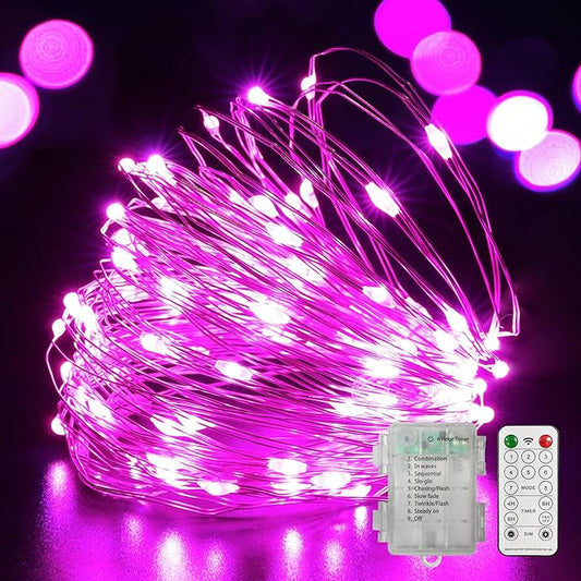 LAMPHOME 100 LED Pink Valentine Lights, Valentine's Day Fairy Lights Battery Operated, Silver Wire Twinkle String Light Multi Functions & Timer with Remote for Indoor Bedroom Wedding Decorations