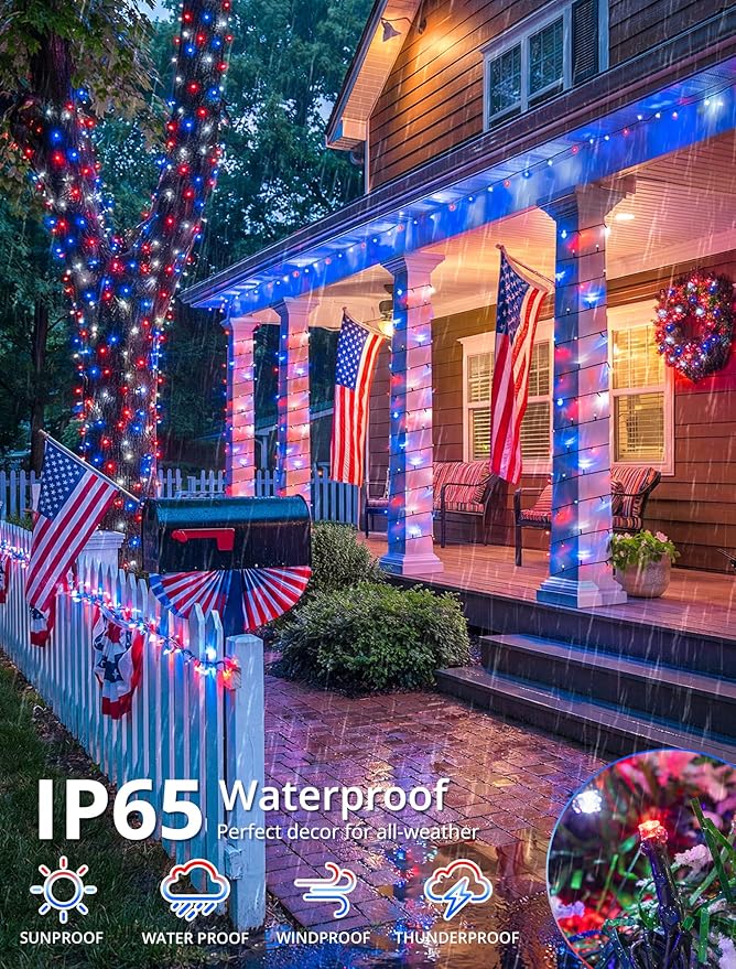 Hopolon Red White and Blue String Lights, 33 FT 100 LED Connectable 4th of July Patriotic Twinkle Lights with Remote,8 Modes Plug in Independence Day Light for Home Party Holiday Tree Xmas Decoration