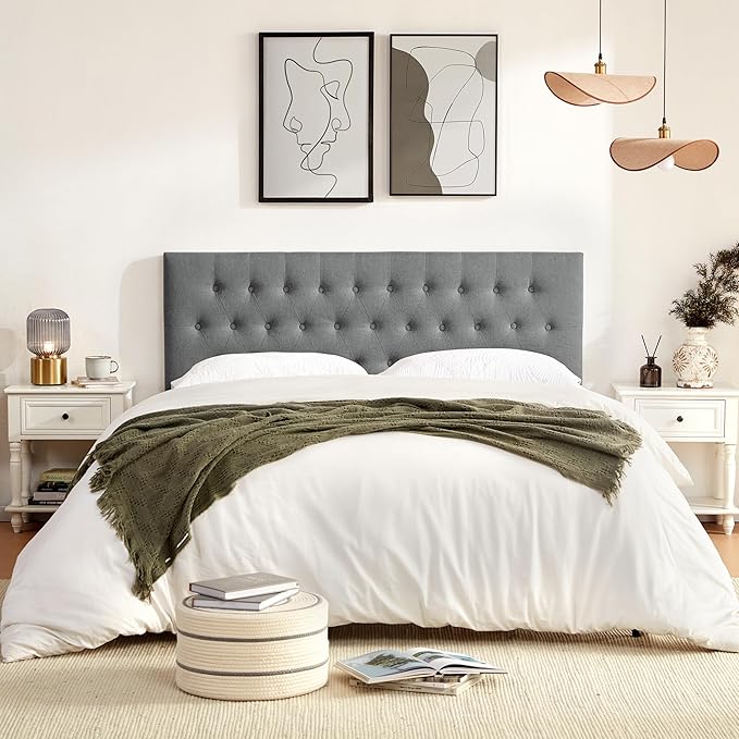 Tufted Upholstered Headboard Full Size, Solid Wood Head Board with Durable Metal Legs, Adjustable Height Full XL headboard from 37” to 51” Fabric Headboard in Modern Button Design, Grey