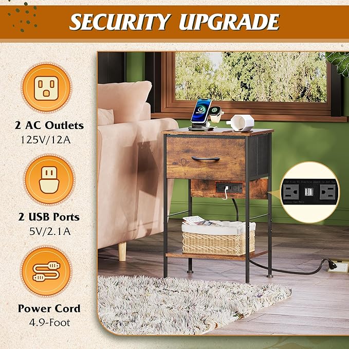 WLIVE Night Stand with Charging Station, Small Nightstand with Fabric Drawer and Open Shelf, 25" H Bedside Table for Bedroom, 2-Tier Storage End Tables, Dresser for Dorm, Entryway, Rustic Brown