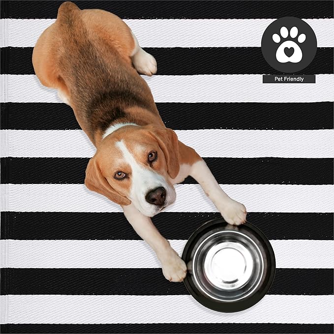 FH Home Outdoor Rug - Waterproof, Fade Resistant, Reversible - Premium Recycled Plastic - Striped - Patio, Deck, Porch, Balcony, Laundry Room - Brittany Stripe - Black & White Crease Free - 4 x 6 ft