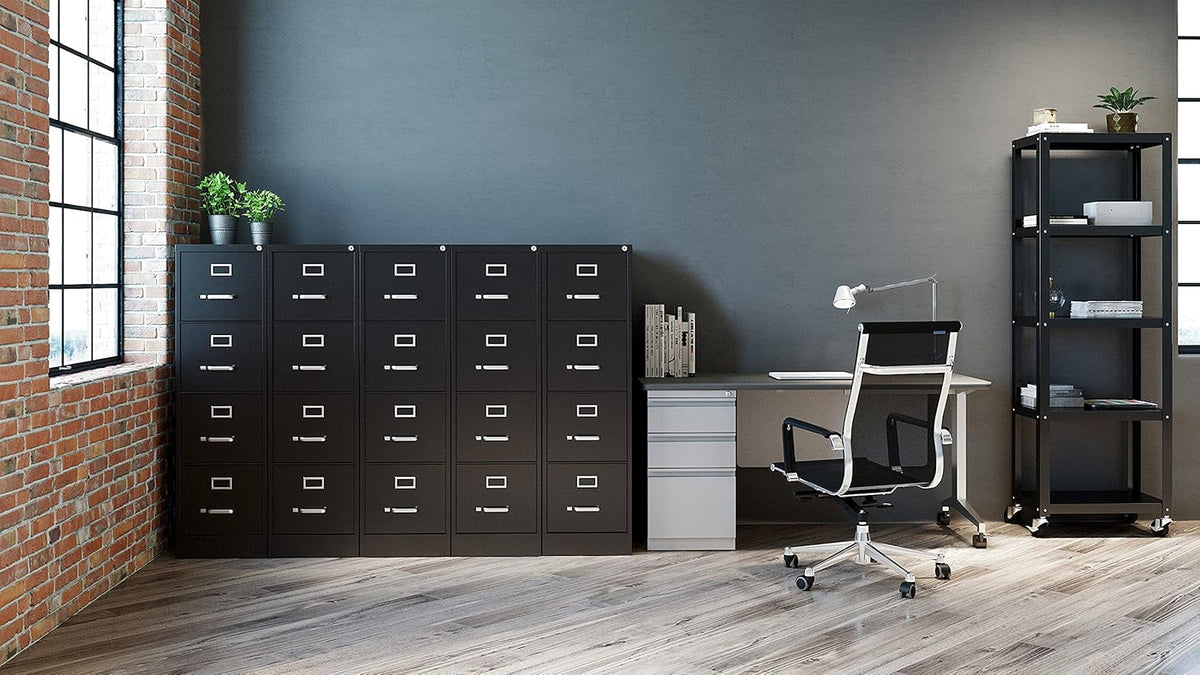Commercial 4 Drawer Letter Width Vertical File Cabinet, 25" Deep - Black