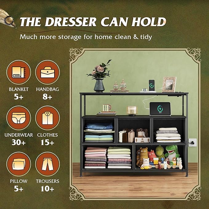 WLIVE Dresser for Bedroom, 5 Drawer Dressers with Charging Station, Fabric Chest of Drawers with Open Shelves, Storage Dresser for Living Room, Closet, Entryway, Charcoal Black Wood Grain Printt