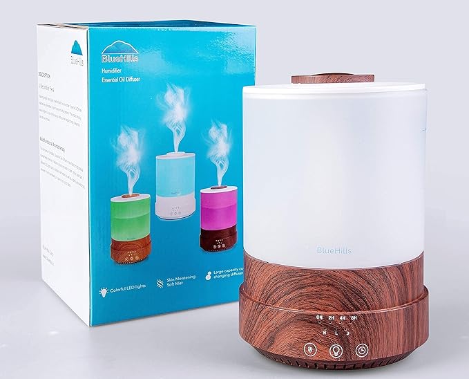 BlueHills Premium Set of 2 2500 ML Large Essential Oils Diffusers for Big Rooms High Mist Output XL Capacity Adjustable Cool Mist Great Gift – Value Pack of 2 Dark Wood Grain and Decorative Design
