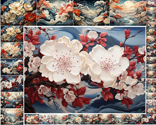Decoupage Paper Pack (35 Sheets 6"x8") Beautiful Textured Art of Spring Blossoms and Other Pretty Scenery Japan Watercolor FLONZ Vintage Pictures Cards for Decoupage, Craft and Scrapbooking