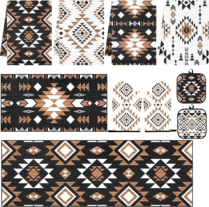 Southwestern Kitchen Decor Set 10 Piece - Aztec Geometric Tribal Pattern Kitchen Rugs, Towels, Oven Mitts and Pot Holders - Modern Boho Native American Style Accessories for Home Apartment
