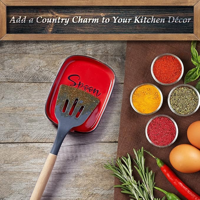 Ceramic Spoon Rest for Stove Top, DAYYET Large Spoon Holder, Spoon Rest for Kitchen Counter, Heat-Resistant Cooking Utensil Rest, Red Kitchen Decor and Accessories