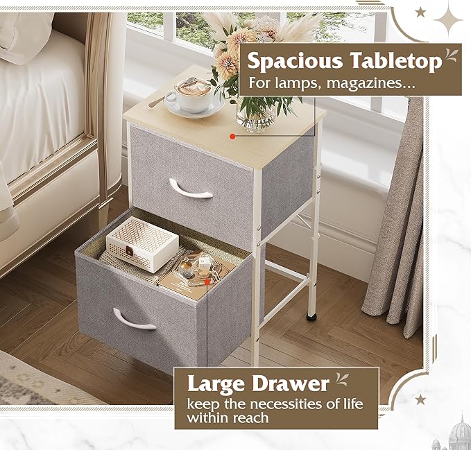 WLIVE Nightstand, Nightstand with 2 Drawers, Bedside Furniture, Night Stand, Small Dresser for Bedroom, College Dorm, End Table with Fabric Bins, Dormitory, Light Grey, Size L