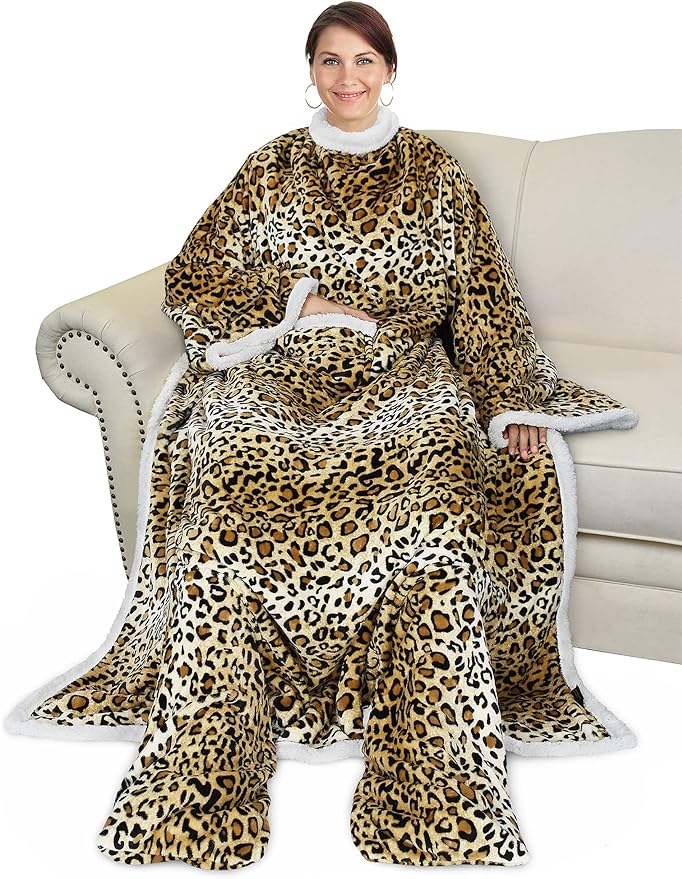Catalonia Sherpa Wearable Blanket with Sleeves & Foot Pockets for Adult Women Men, Comfy Snuggly Wrap Sleeved Throw Blanket Robe, Gift Idea, Cheetah