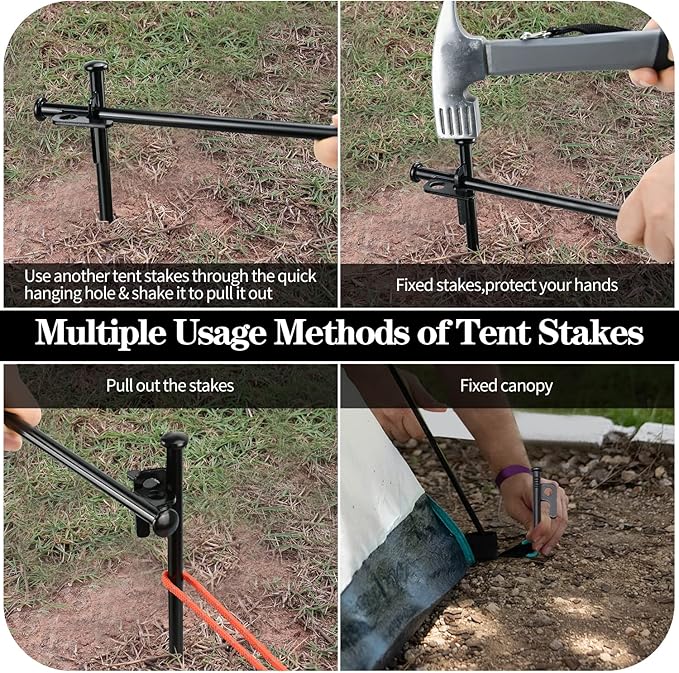 16pcs Tent Stakes and Hammer Set, 8in Heavy Duty Forged Steel Tent Stakes + Camping Hammer + Storage Pouch, Available in Rocky Place (16pcs 8in Stake+Hammer)
