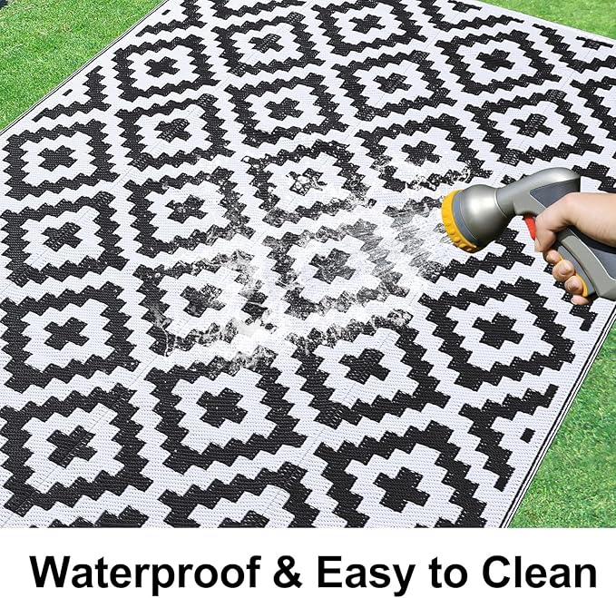 Smiry Waterproof Outdoor Rug 8x10 ft, Reversible Plastic Straw Patio Camping Rugs, Outdoor Indoor RV Mat Carpet for Patio, Outside Entry, Backyard, Deck, Bench, Picnic, Camper, Black & White
