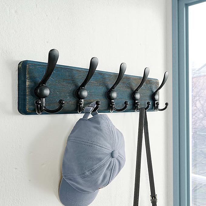 Dseap Coat Rack Wall Mount - Heavy-Duty Robust Barnwood-Style Wooden Wall Coat Hanger Hook Rail with 5 Triple Hooks for Winter Coats Hat Jacket Clothing, Weathered Blue & Black, Pack of 2