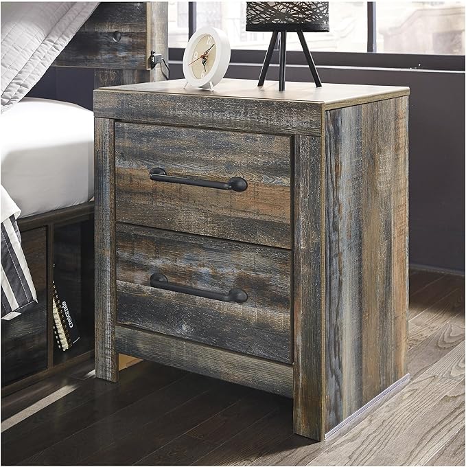 Signature Design by Ashley Drystan Rustic Industrial 2 Drawer Nightstand with 2 Slim-Profile USB Charging Stations, 24.37" Tall, Weatherworn Brown