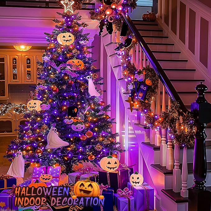 JMEXSUSS 168ft 600 LED Halloween Decor Lights Outdoor Clear Wire, Orange Purple String Lights Indoor Plug in,Halloween Lights for Tree Porch Yard Decorations
