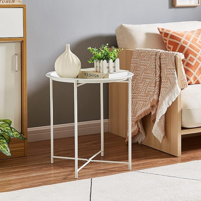 VECELO Side/End Table, Folding Round Metal Anti-Rust and Waterproof Outdoor or Indoor Tray for Living Room Bedroom Balcony and Office, 2 PCS, Beige