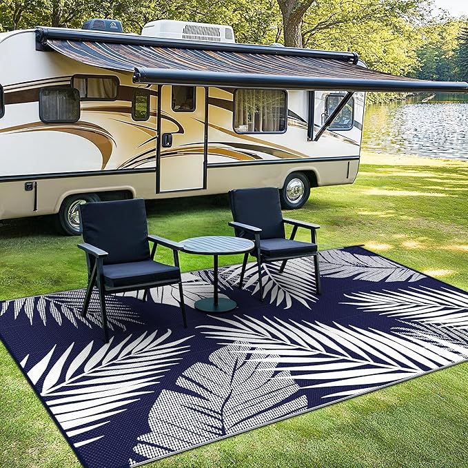 Outdoor Rug 6' x 9' for Patio Waterproof Clearance, Reversible Indoor Outdoor Plastic Straw Camping Rug Carpet, RV Mat, Large Area Rug for Deck, Backyard, Balcony, Porch, Navy Blue and White