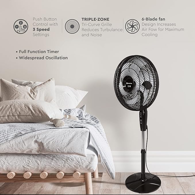 Comfort Zone Smart WiFi Oscillating Stand Fan, 18 inch, 3 Speed, Wall-Mountable, Voice Control, Full-Function Timer, Adjustable Stand up to 53 inches, Tri-Curve Technology to Reduce Noise, CZST180SBK