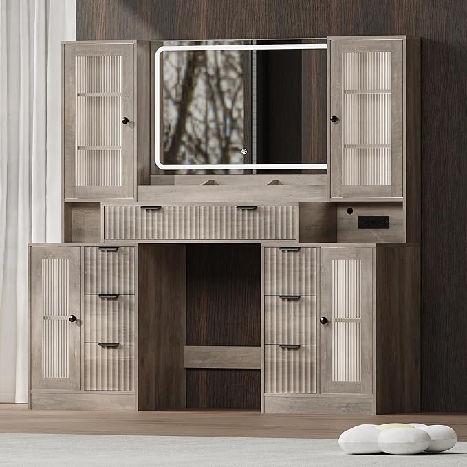 Fluted Makeup Vanity Desk with Mirror and Lights, 55" Glass Top Vanity with 8 Drawers & 4 RGB Glass Cabinets, Adjustable Shelves & Power Outlet, Modern Dressing Table Set for Women Girls Bedroom