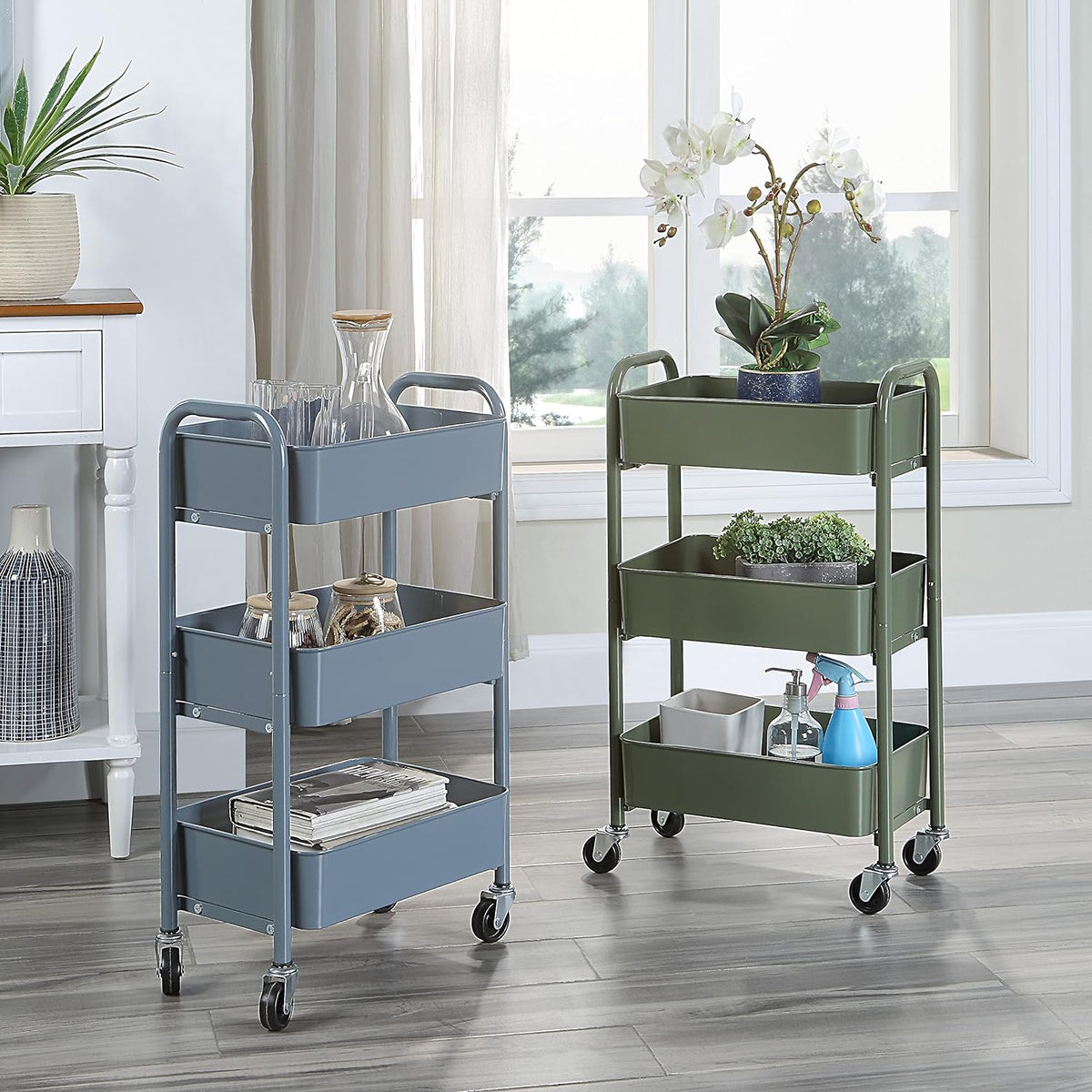 SunnyPoint 3-Tier Delicate Compact Rolling Metal Storage Organizer - Mobile Utility Cart Kitchen/Under Desk Cart with Caster Wheels - Blue (15.35" X 10.24" X 26.8"H)
