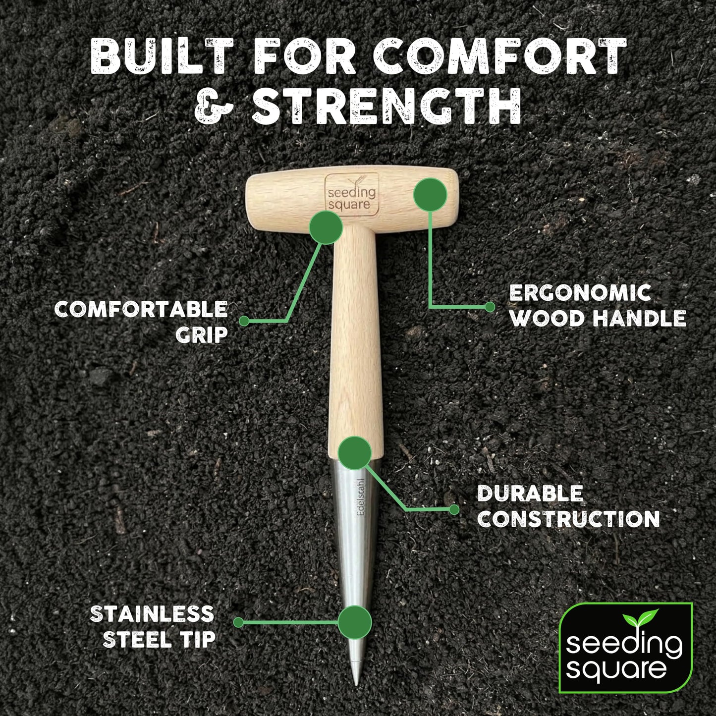 Seeding Square Pokey Planter Stainless Steel & Wooden Handle Garden Tool for Planting Garlic, Onions, Tulips, Daffodils, Lilies, & Transplanting Seedlings