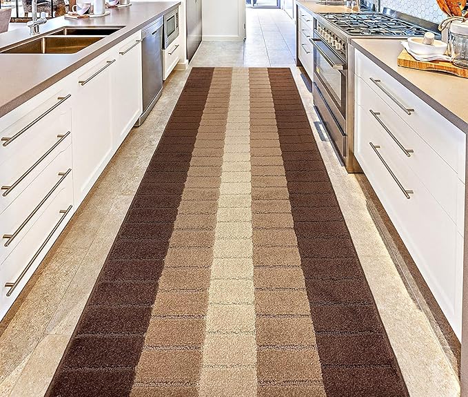 Custom Size Modern Geometric Pattern Carpet Runner Rug for Hallways, Slip Resistant Latex Rubber Backed, 31 inch Wide X Customized Length, Squares Brown, 31 inch X 27 feet