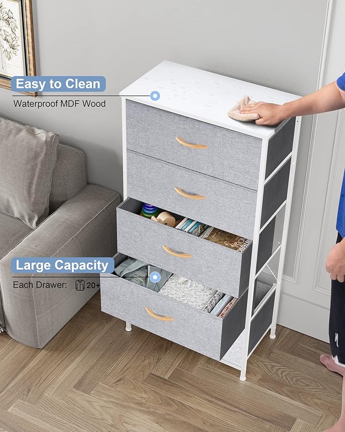 Crestlive Products Vertical Dresser Storage Tower - Sturdy Steel Frame, Wood Top, Easy Pull Fabric Bins - Wide Organizer Unit for Bedroom, Hallway, Entryway, Closets - 5 Drawers(Light Gray)