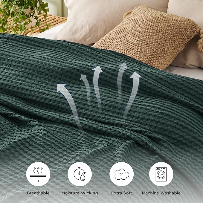 Bedsure Cooling Cotton Waffle King Size Blanket - Lightweight Breathable Blanket of Rayon Derived from Bamboo for Hot Sleepers, Luxury Throws for Bed, Couch and Sofa, Dark Green, 104x90 Inches