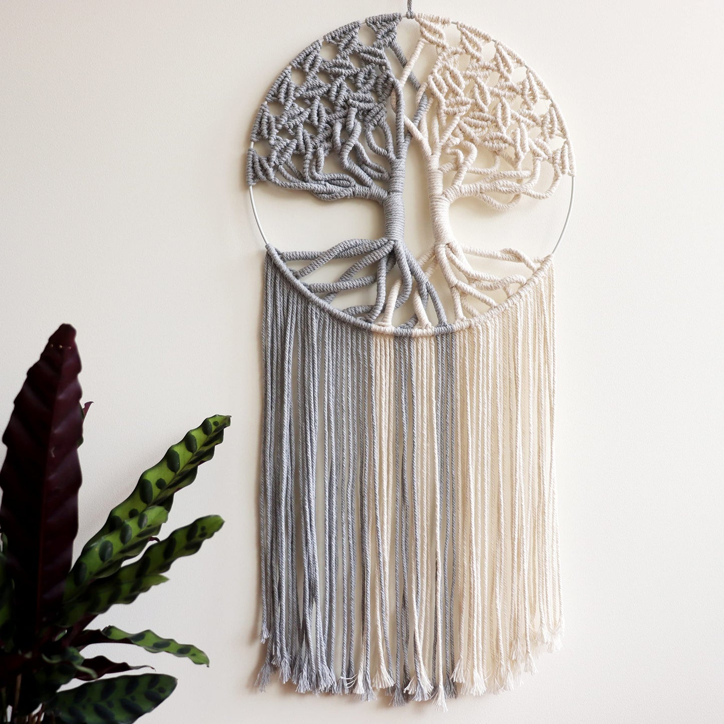 GUKALYLY Tree of Life Macrame Wall Hanging,Chic Handmade Woven Boho Home Décor,Eclectic Wall Decor for Bedroom Nursery Apartment Dorm Decoration,Gift for Teen Girl Mom(13" W X 31.5"" L) (Grey&White)"