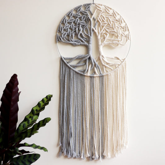 GUKALYLY Tree of Life Macrame Wall Hanging,Chic Handmade Woven Boho Home Décor,Eclectic Wall Decor for Bedroom Nursery Apartment Dorm Decoration,Gift for Teen Girl Mom(13" W X 31.5"" L) (Grey&White)"