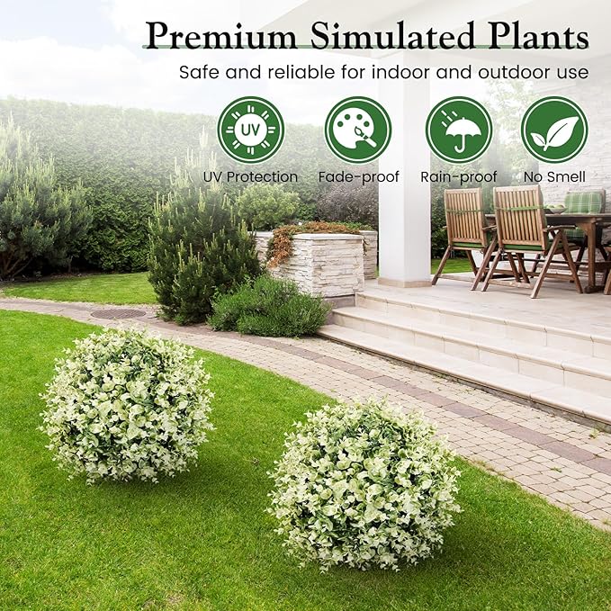 Lewondr Artificial Boxwood Topiary Ball Trees, 22.83'' Fake Plants Outdoor with Ground Spike, Set of 2 UV and Fade Resistant Faux Greenery Shrubs for Outdoor Indoor Front Porch Garden, Gradient White
