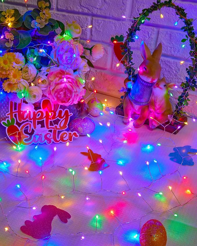 Fairy Lights Battery Operated, Twinkle String Lights Silver Wire 5 FT 60 LED Firecracker Starry Lights for DIY Wreath Home Wedding Bedroom Mason Jar Holiday Easter Decoration, Pink + Multicolor