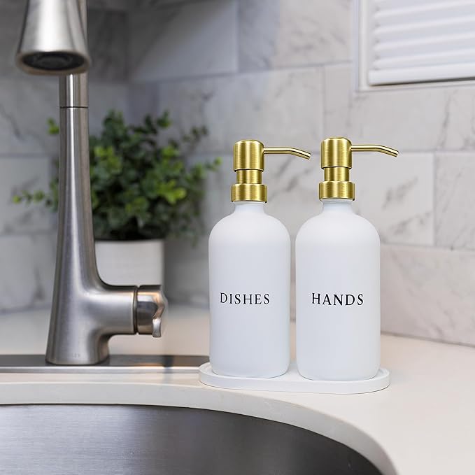 Glass Hand and Dish Soap Dispenser Set with Bamboo Tray – 16 oz Kitchen Soap Dispenser Set, Gold Pumps, Silicone Funnel – Modern Farmhouse Kitchen Sink Decor and Accessories
