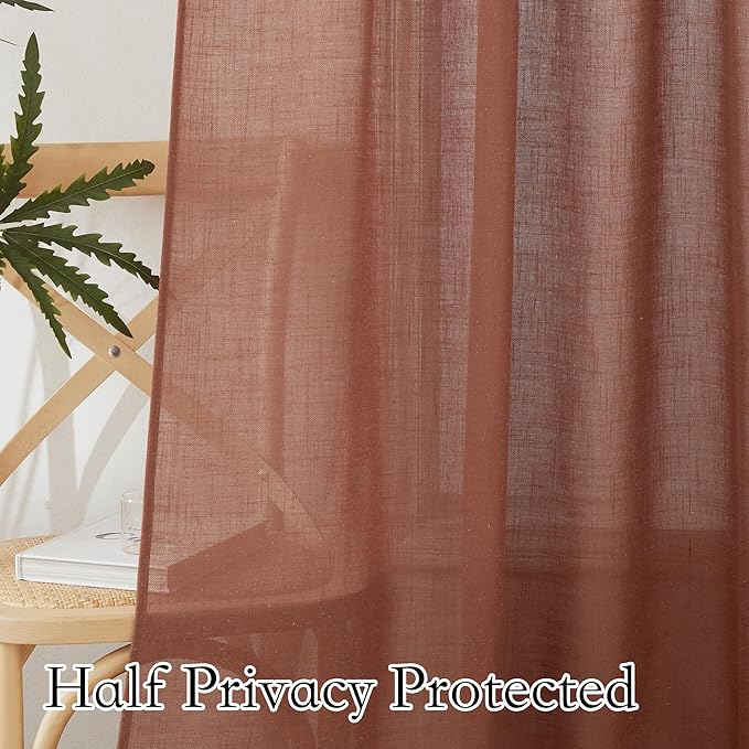 RYB HOME Natural Linen Curtains 72 inch Length, Thick Heavy Textured Breathable Privacy Assured Wrinkle Resistance Boho for Dining Room Laundry Room, W 52 x L 72 inches, Terracotta, 2 Panels