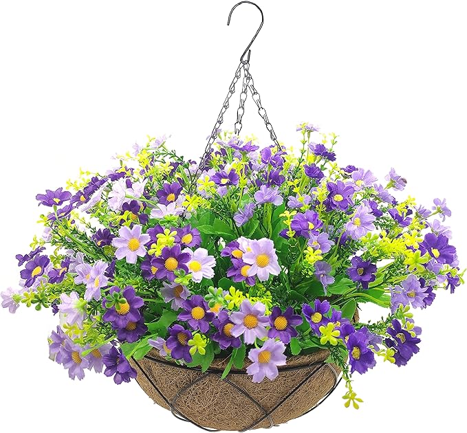 Artificial Hanging Flowers with Basket,Fake Daisy Flowers in 12 inch Coconut Lining Hanging Baskets for The Decoration of Courtyard, Indoors, and Outdoors(Purple)