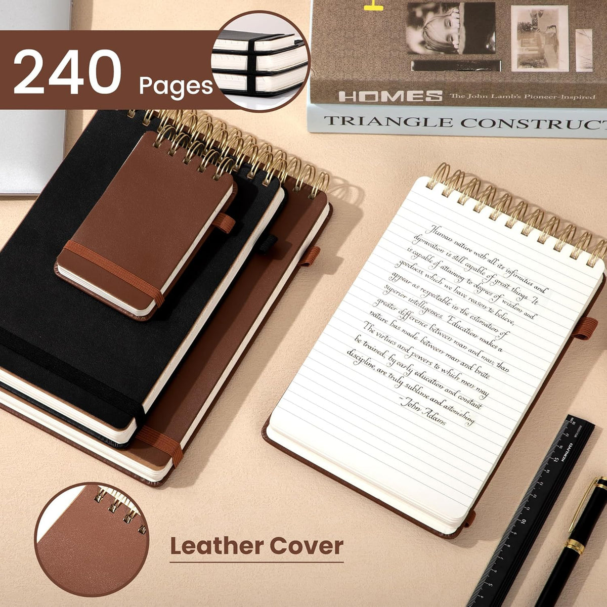 Yoment Top Spiral Notebook Leather Steno Pads 240 Pages Spiral Notepad for Work 5x7 Top Bound Steno Notebook, 100 GSM Thick Paper, Left Handed Notebooks for Office College School, Black