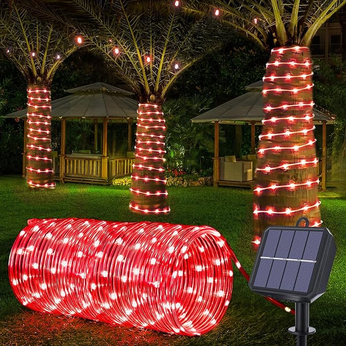 Solar Rope Lights, 66ft 200LED Solar String Lights, 8 Modes Waterproof Solar Powered Outdoor Light, Flexible Clear Tube Light for Garden Backyard Patio Deck Porch Pool Tree Christmas Decoration - Red