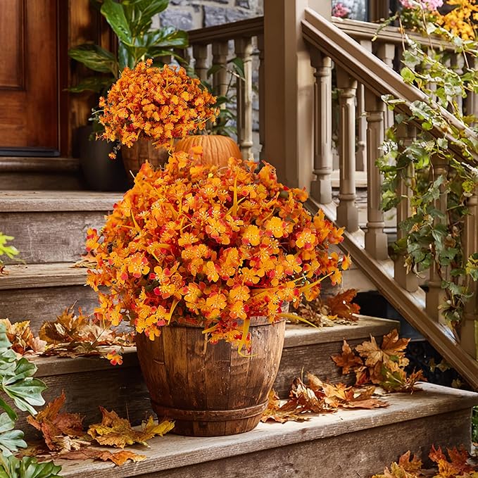 Artificial Mums for Outdoor Fall Flowers - Fake Plants UV Resistant No Fade Faux Plastic Home Decor Garden Porch Patio (1, OrangeMixed)