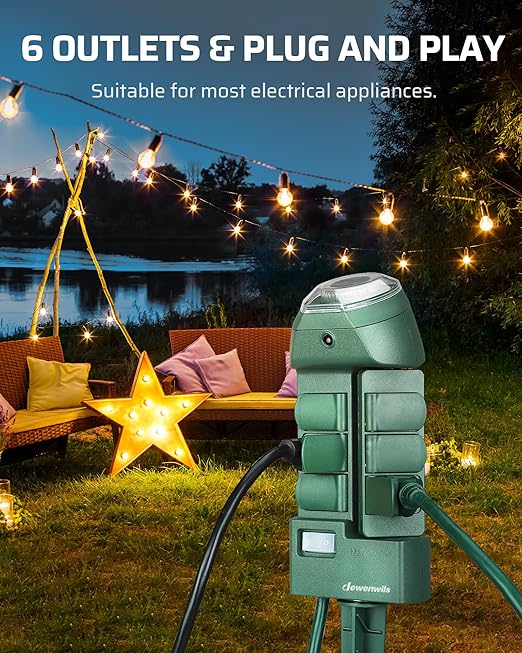 DEWENWILS Outdoor Power Strip Timer with Photocell, Weatherproof Countdown Light Control, 6 Outlets 10ft Cord Dusk to Dawn Outdoor Timer for Lights, Yard, 1875W/15A UL Listed