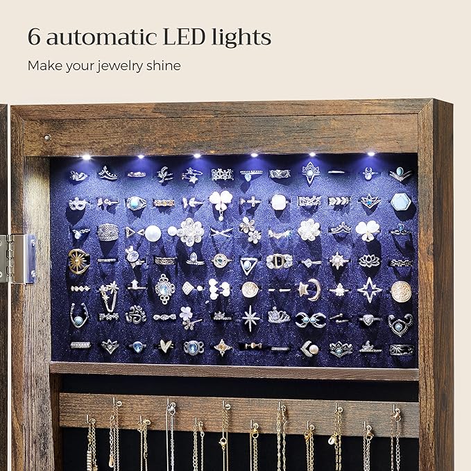 SONGMICS 6 LEDs Mirror Jewelry Cabinet, 47.2-Inch Tall Lockable Wall or Door Mounted Jewelry Armoire Organizer with Mirror, 2 Drawers, Christmas Gift, 3.9 x 14.6 x 47.2 Inches, Rustic Brown