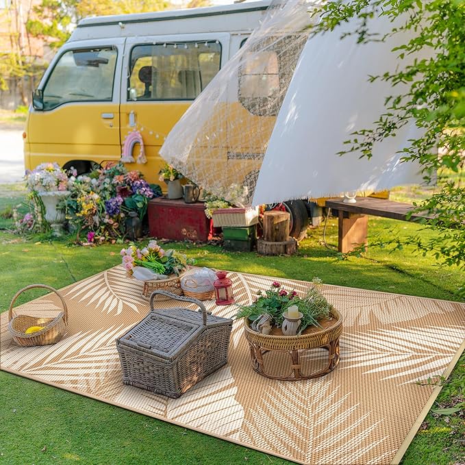 GENIMO Outdoor Rug 9' x 12' Waterproof for Patios Clearance, Reversible Outdoor Plastic Straw Camping Rug Carpet, Large Area Rugs Mats for RV, Camper, Deck, Balcony, Porch, Beach, Picnic, Brown&Beige