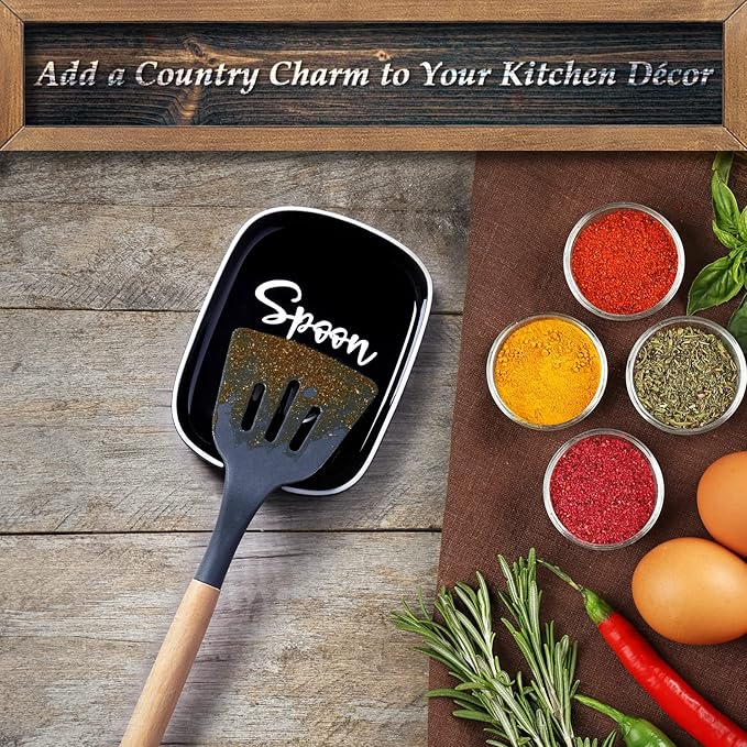 Ceramic Spoon Rest for Stove Top, DAYYET Large Spoon Holder, Spoon Rest for Kitchen Counter, Heat-Resistant Cooking Utensil Rest, Black Kitchen Decor and Accessories