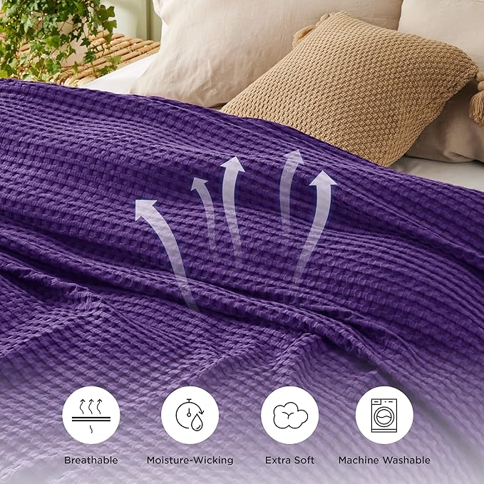 Bedsure Cooling Cotton Waffle Twin XL Blanket - Lightweight Breathable Blanket of Rayon Derived from Bamboo for Hot Sleepers, Luxury Throws for Bed, Couch and Sofa, Purple, 66x90 Inches