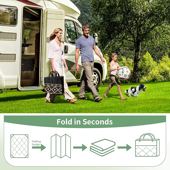 GENIMO Outdoor Rug Waterproof 10'x14' for Patio, Foldable Reversible Plastic Straw Carpet for Travel Trailers, Outside Area Mat for Rv, Deck, Picnic, Porch, Camper, Balcony, Beach, Black & Brown