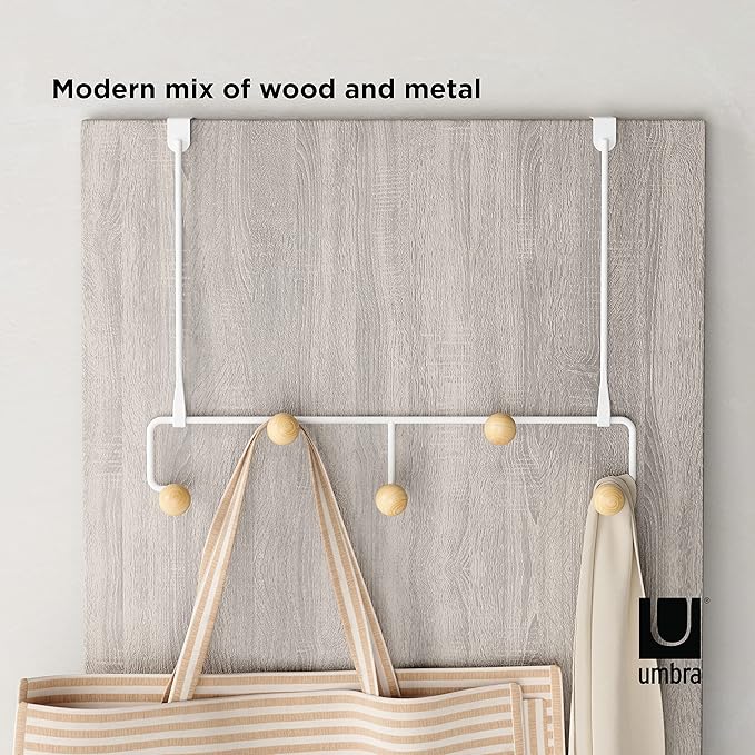 Umbra Estique Over The Door Coat Rack & Multi-Use Organizer, for Coats, Bags, Hats & More, Small, White/Natural